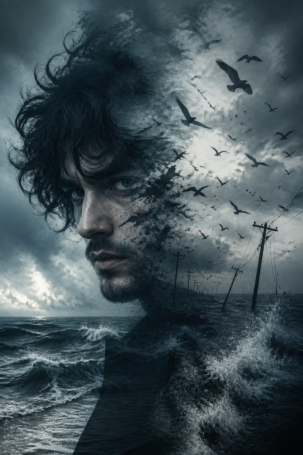 Stormy Double Exposure — Conceptual AI image prompt example generated with Midjourney (double exposure, portrait)