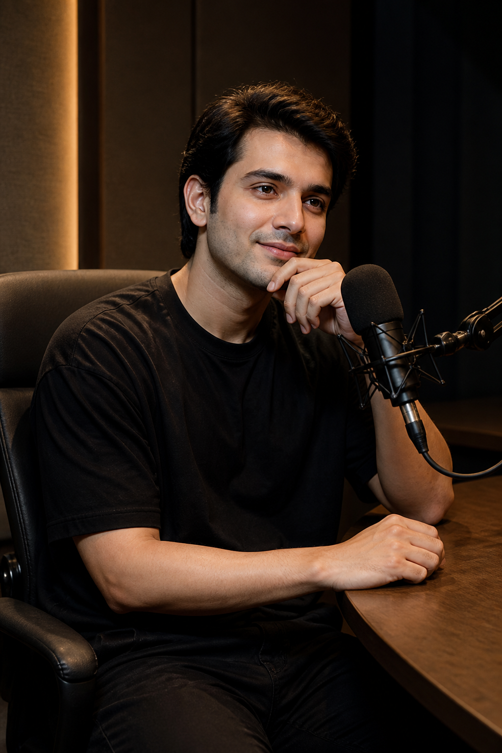 Studio Podcast Portrait — Portrait AI image prompt example generated with Nano Banana (studio, podcast)