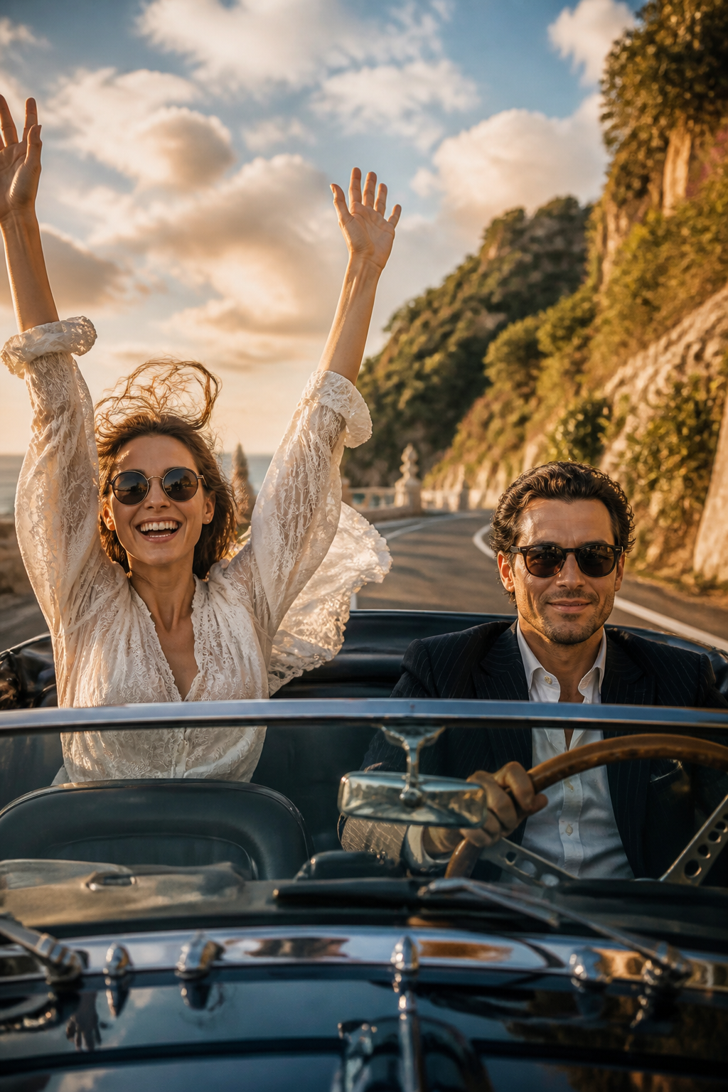 Sunset Coastal Convertible — Travel AI image prompt example generated with Gemini (convertible, coastal road)