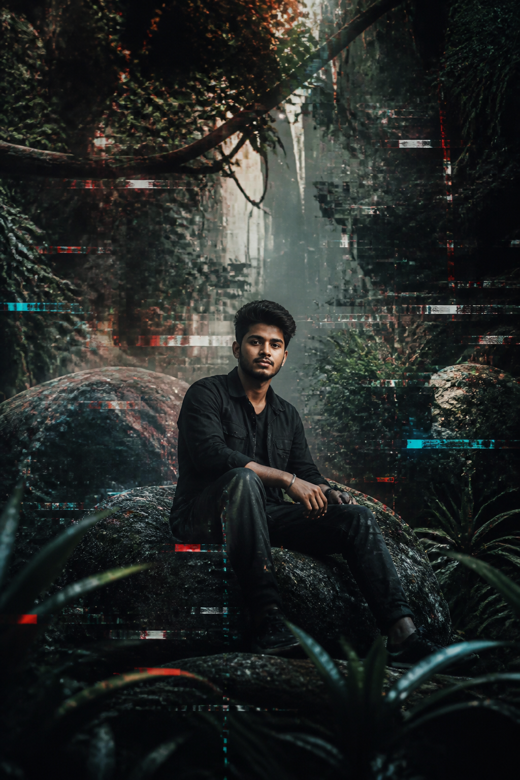 Surreal Jungle Glitch — Portrait AI image prompt example generated with Gemini (surreal, glitch)