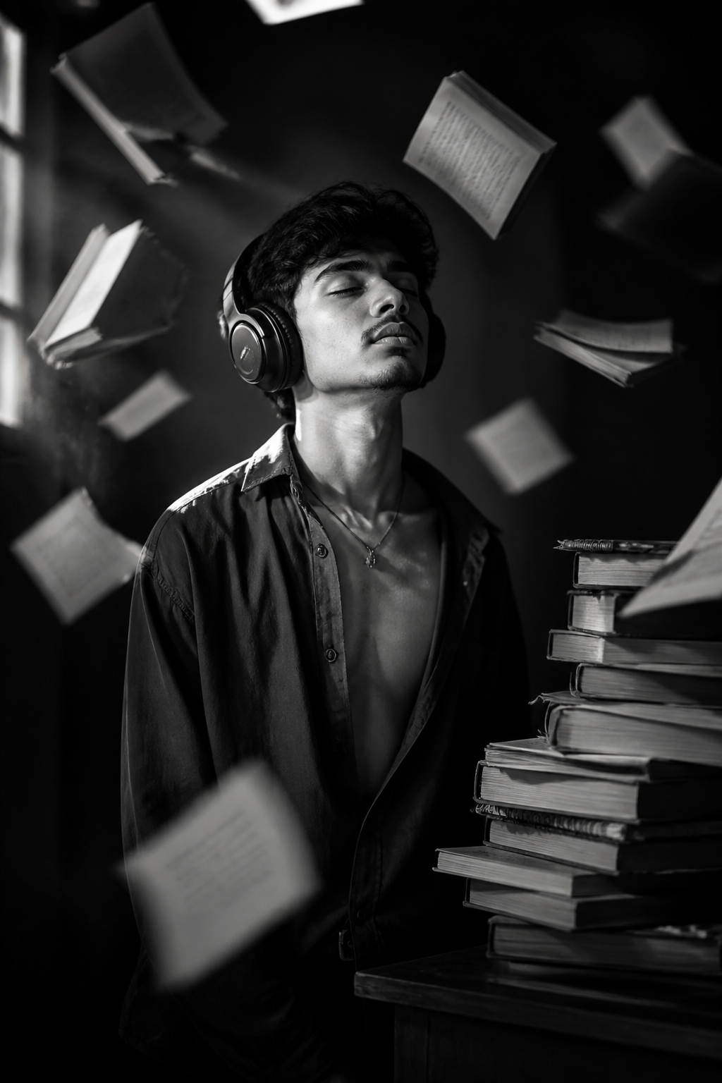 Surreal Music Portrait — Portrait AI image prompt example generated with Gemini (surreal, monochrome)
