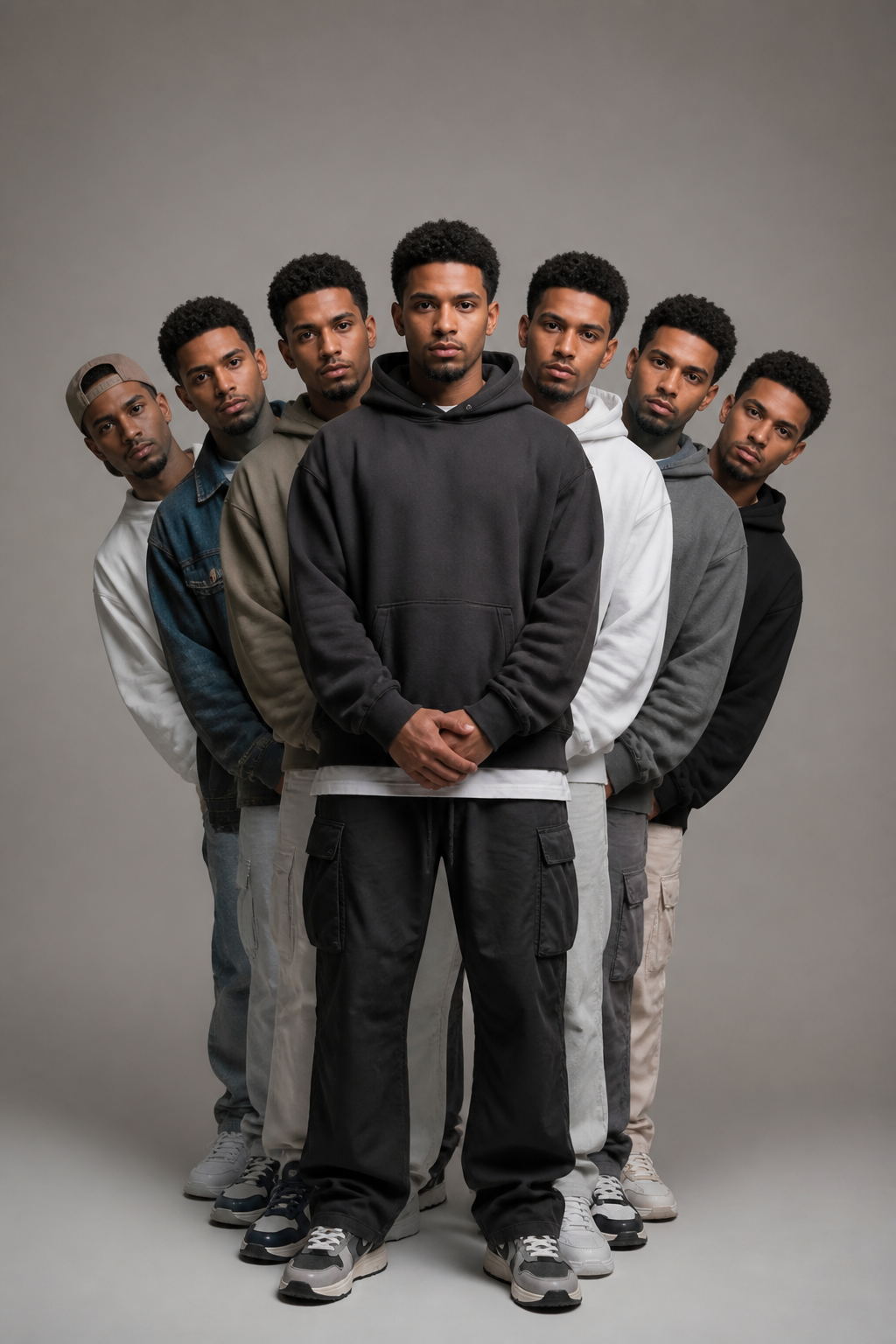 Symmetrical Male Clones — Editorial AI image prompt example generated with Nano Banana (clones, streetwear)