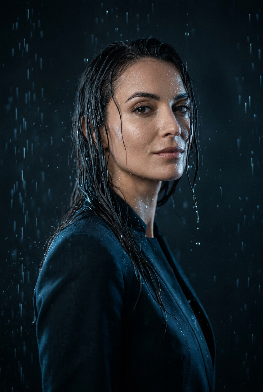 Wet Fashion Portrait — Portrait AI image prompt example generated with Nano Banana (portrait, rain)