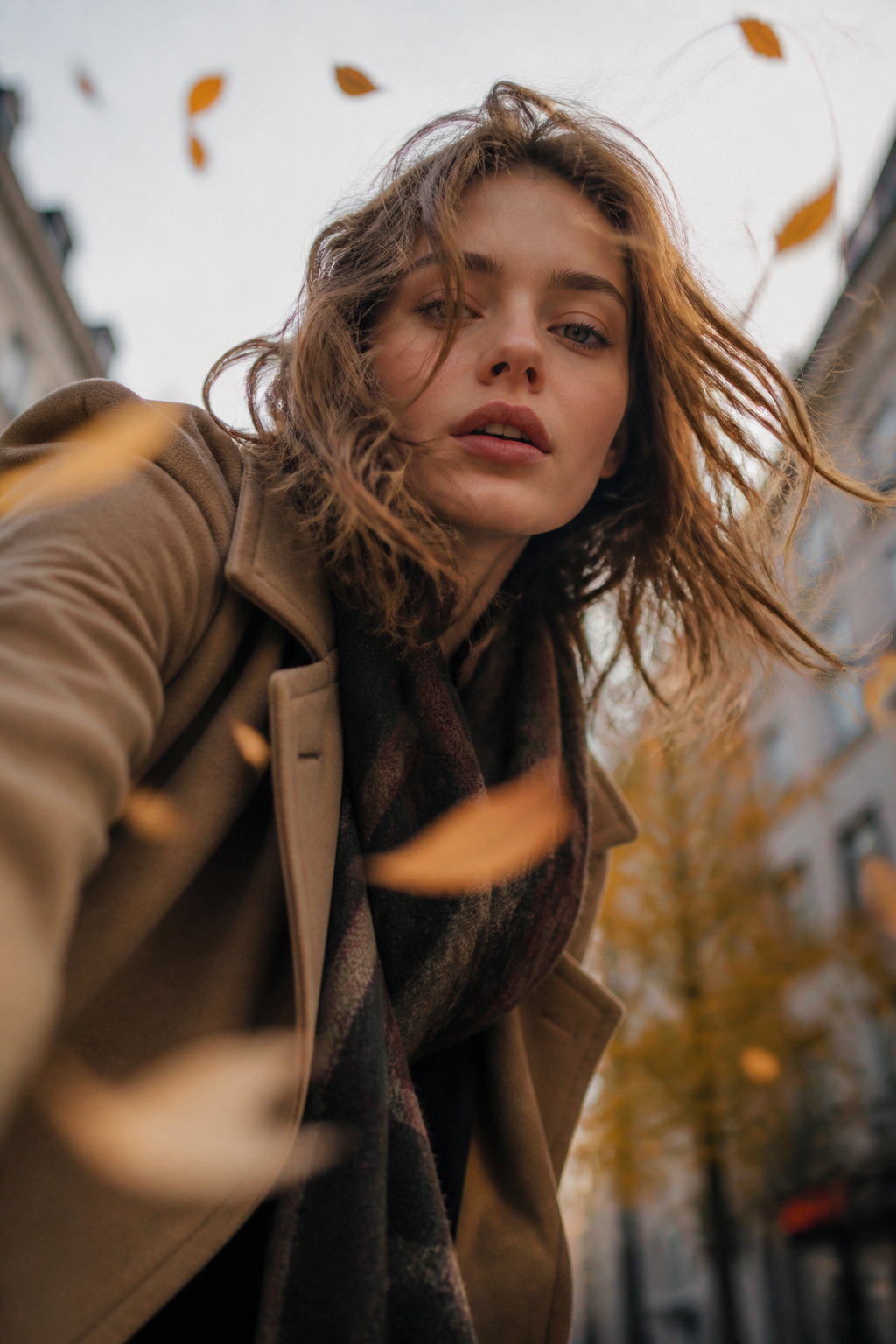 Windy Autumn Portrait — Portrait AI image prompt example generated with Midjourney (portrait, autumn)