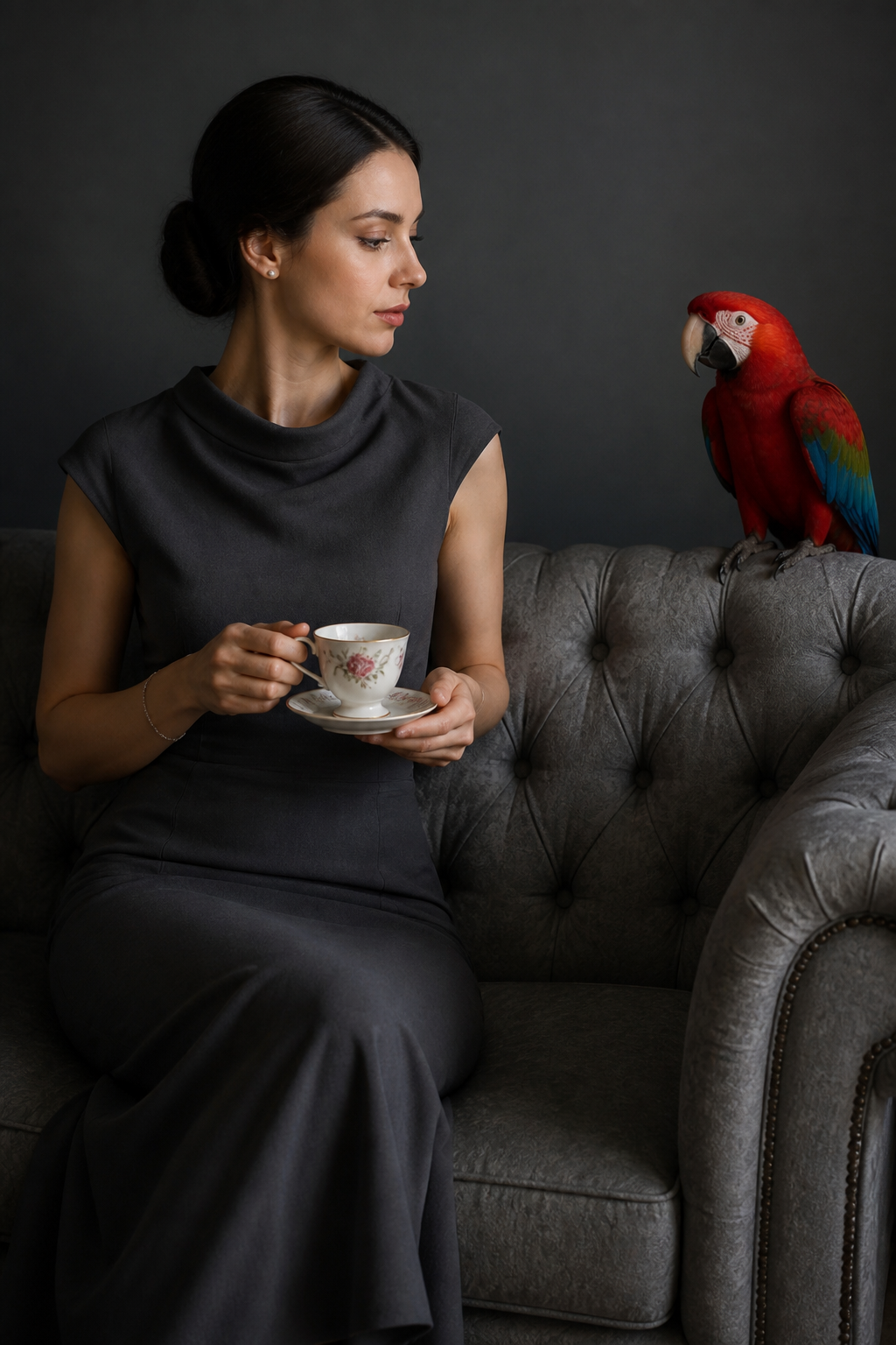 Woman with Macaw — Portrait AI image prompt example generated with Gemini (portrait, macaw)