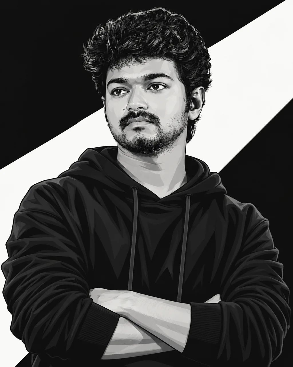 Monochrome Vector Hoodie Portrait — Vector Art AI image prompt example generated with ChatGPT (vector, black and white)